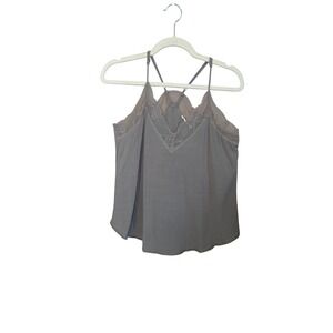 Lovestitch Womens Cami Tank Top M Grey Linen Blend Lace Trim Boho Romantic